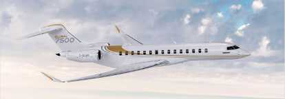 Right side of the Bombardier Global 7500 in white with golden stripes flying over clouds