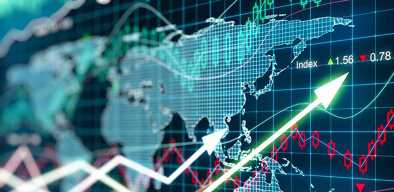 Electronic world map focusing on Asia and indicating economy curves and fluctuations and an Index Electronic world map focusing on Asia and indicating economy curves and fluctuations and an Index