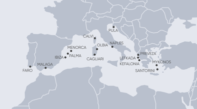 Mapa impreso que contiene los principales destinos del corredor de vuelos privados LunaJets