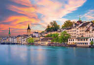 Scenic view of historic Zurich city center with famous Fraumunster and Grossmunster Churches and river Limmat at Lake Zurich, Canton of Zurich, Switzerland