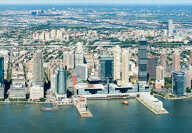 High-resolution panoramic view of Jersey City and the Hudson River on a beautiful summer's day