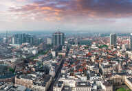Panoramic aerial view of the central part of Brussels, the park, the Brussels Cathedral and the business part of the city, Belgium