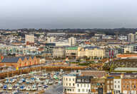 Saint Helier capital city panorama with port and marina in the foreground, bailiwick of Jersey, Channel Islands
