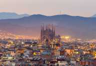 Aerial Panorama view of Barcelona city skyline and Sagrada familia at dusk time,Spain
