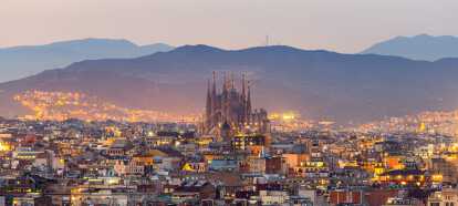 Aerial Panorama view of Barcelona city skyline and Sagrada familia at dusk time,Spain
