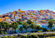 Gran Canaria many colorful houses in Ciudad alta, Las Palmas. Sunny view of the picturesque old town.

