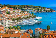 Aerial view at Hvar town in Southern Croatia, famous luxury travel destination in Europe, Mediterranean.
