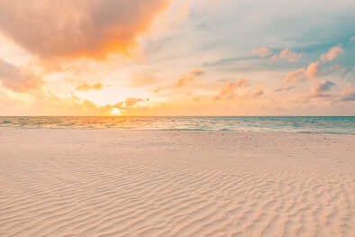 Closeup sea sand beach. Panoramic beach landscape. Inspire tropical beach seascape horizon. 