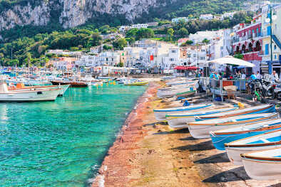 Boats at Marina Grande embankment in Capri Island in Tyrrhenian sea, Italy
