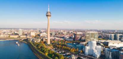 Aerial view of the city of Düsseldorf in Germany with the Rheinturm tower on the Rhine River