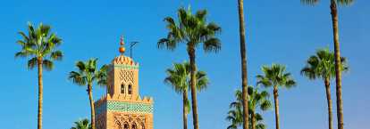 Minaret d'une mosque tronant au millieu de palmiers à Marrakesh au Maroc