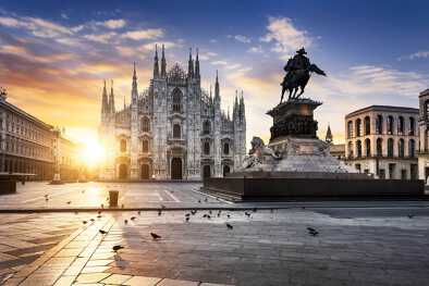 Cathedral Duomo di Milano and Vittorio Emanuele gallery in Square Piazza Duomo at sunny morning, Milan, Italy.