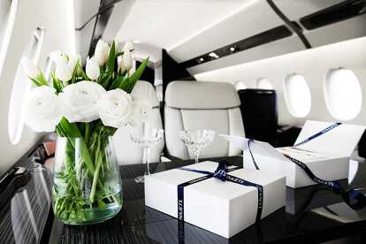 private jet luxury interior looking at the passenger seat