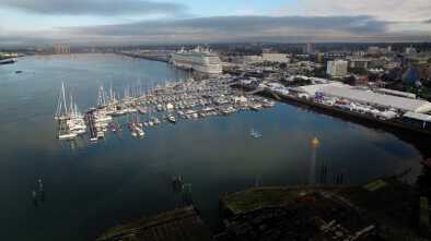 Aerial image taken from a drone looking down towards Southampton Boat Show