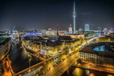 Aerial view of Berlin skyline and Spree river in beautiful evening in summer, Germany
