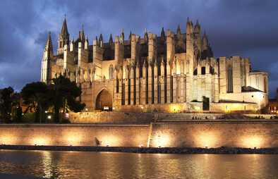 Landscape with Cathedral La Seu at sunset time in Palma de Mallorca islands, Spain
