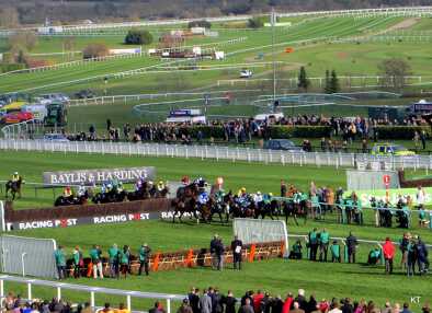 The stands overlooking Cheltenham Racecourse located at Prestbury Park. The first organised Flat race meeting in Cheltenham took place in 1815 on Nottingham Hill.
