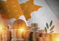 Cyprus flag and big amount of golden bitcoin coins and trading platform chart Cyprus flag and big amount of golden bitcoin coins and trading platform chart