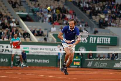 Grand Slam Champion Daniil Medvedev of Russia in action during his men's singles round 4 match against Marin Cilic of Croatia at 2022 Roland Garros in Paris, France