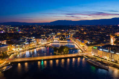 Geneva waterfront, lake geneva, by night