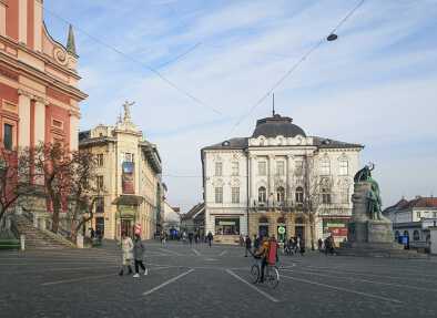  Preseren square and Franciscan Church of the Annunciation; Ljubljana, Slovenia, Europe.