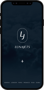 une capture d'écran de la première page de l'application mobile LunaJets une capture d'écran de la première page de l'application mobile LunaJets