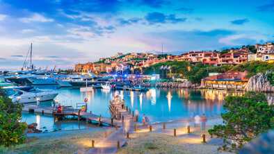 View of harbor and village Porto Cervo, Sardinia island, Italy
