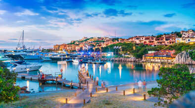 View of harbor and village Porto Cervo, Sardinia island, Italy
