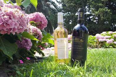 Botellas de vino de Chateau Barbeyrolles junto a flores Botellas de vino de Chateau Barbeyrolles junto a flores