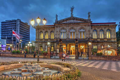 Night scene of the square in front of the famous National Theater of Costa Rica in San Jose 