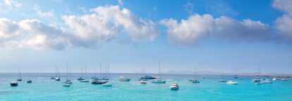 Skyline of boats on the Mediterranean, Ibiza, Spain.