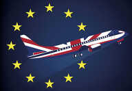 Illustrated Brexit picture showing an aircraft with an Union Jack livery leaving the EU